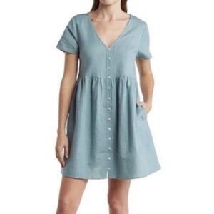 New Madewell blue ‘Alexandria’ linen blend button down v neck dress